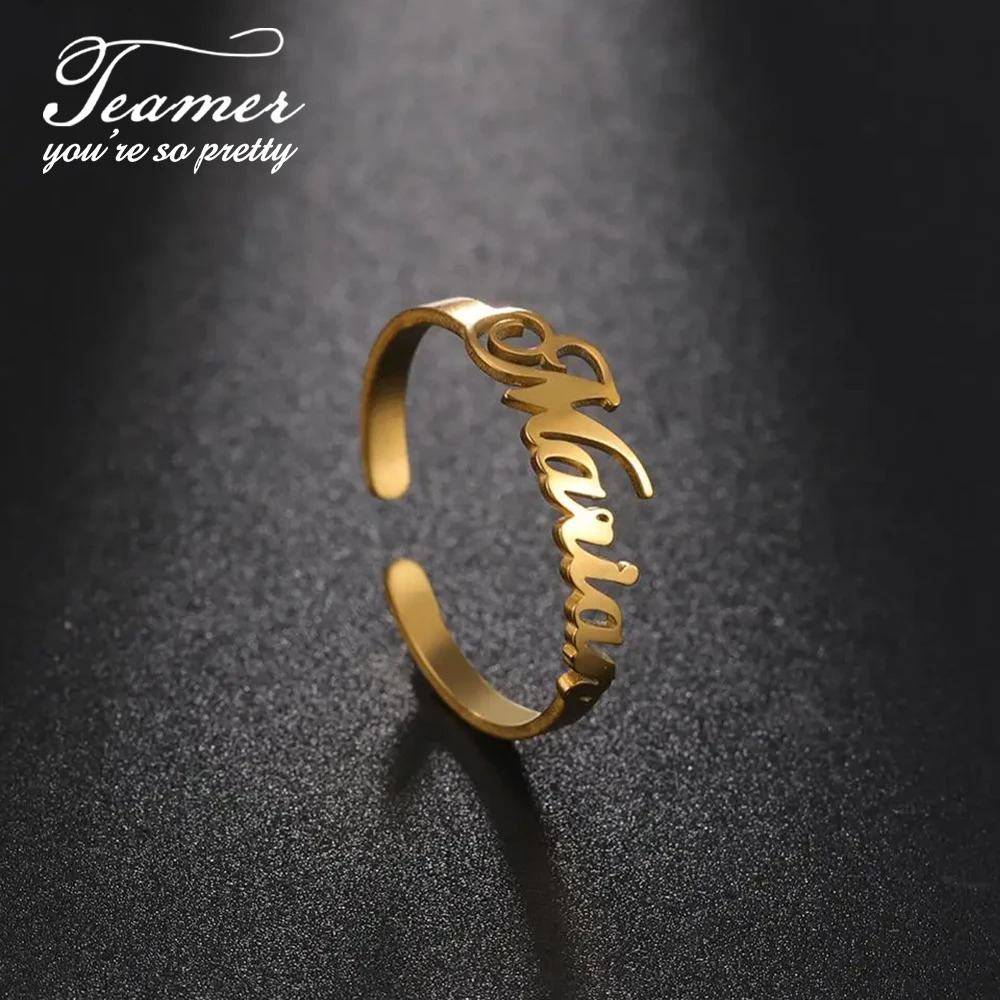 Teamer Custom Name Rings Adjustable Gold Color Stainless Steel Personalized Ring Jewelry Women Men Unique Valentines Day Gift 250403