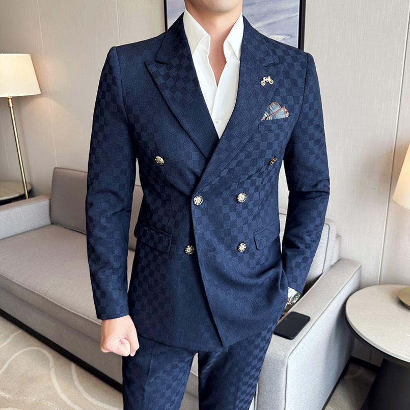 JacketPantsy Checkered Double Breasted Suit 2 Pieces Fashion Business Slim Fit Social Formal Evening Dress 5XLM 251023