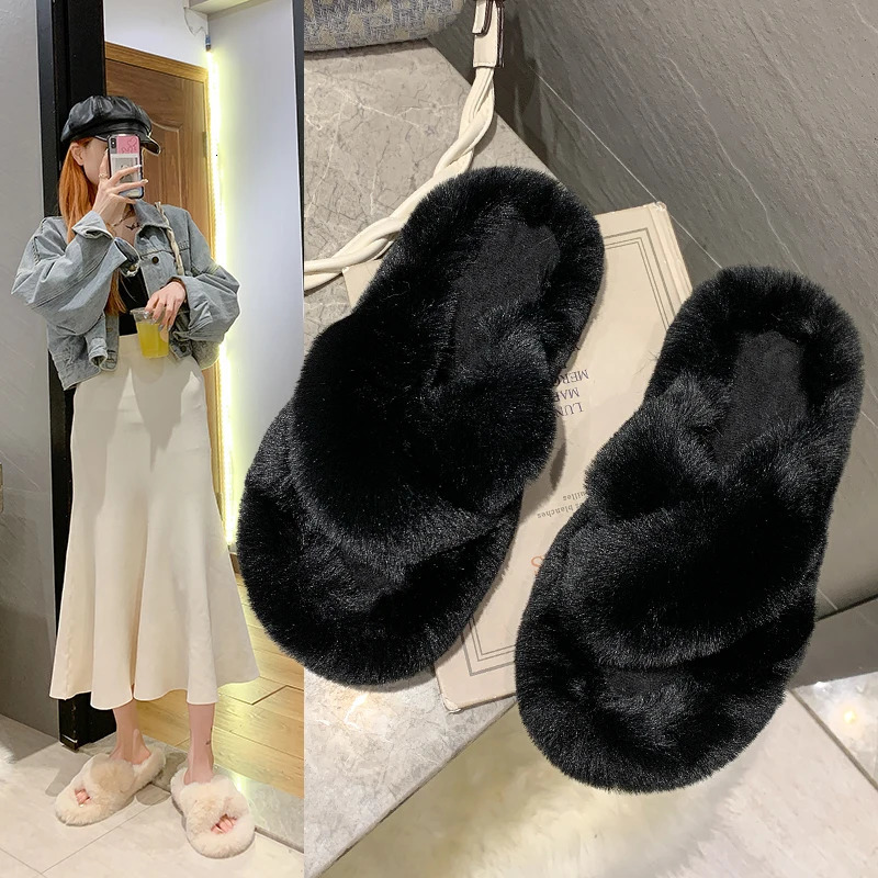 Fashion One Word Thick Fur Slippers Double Fur Slippers Casual Home Cotton Shoes for Women Flat Plush Cross Straps Slippers2025 251031