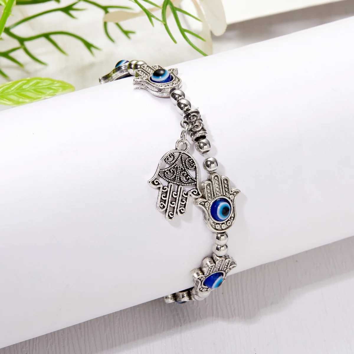 Vintage Hamsa Hand Fatima Evil Eyes Beaded For Women Men Trendy Ethnic Turkish Lucky Demon Eye Palm Hand Bangle Jewelry C251105