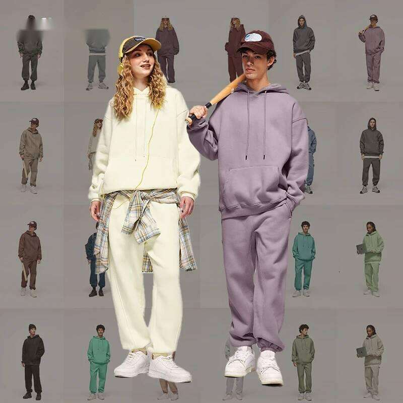 Thick Vlevet Tracksuit Unisex Trendy Solid Color Jogging Suit Mens Blank Matching Fleece Sweatpant Set