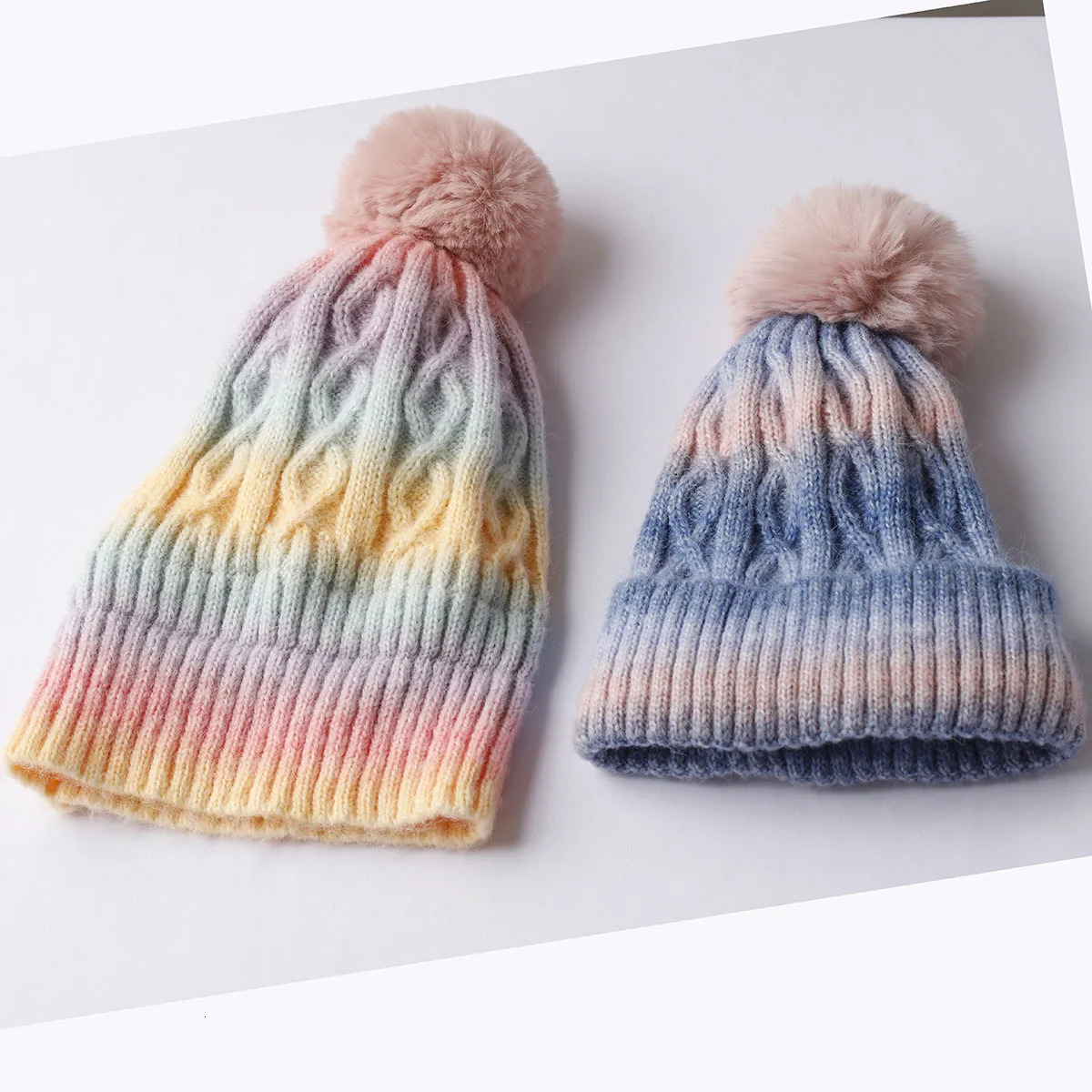 Winter multicolour Knitting Hat For Women Fur Pompom Thick Plush Cap Beanie Solid Color Ladies Warm Ski Snow Skullies Beanies 251030
