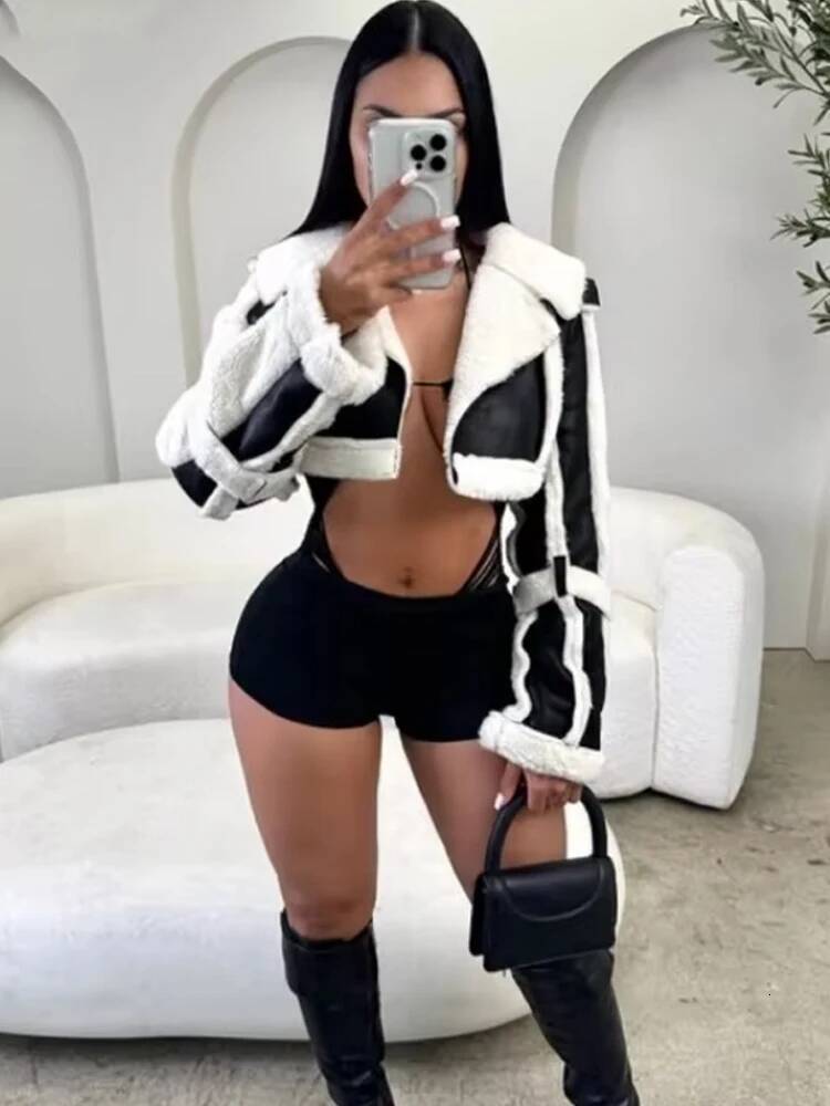 winter jacket women Weird Puss Furry Patchwork Women Crop Jacket Full Sleeve Open Stitch Hipster Streetwear Warm Outwear Basic Wild Coat