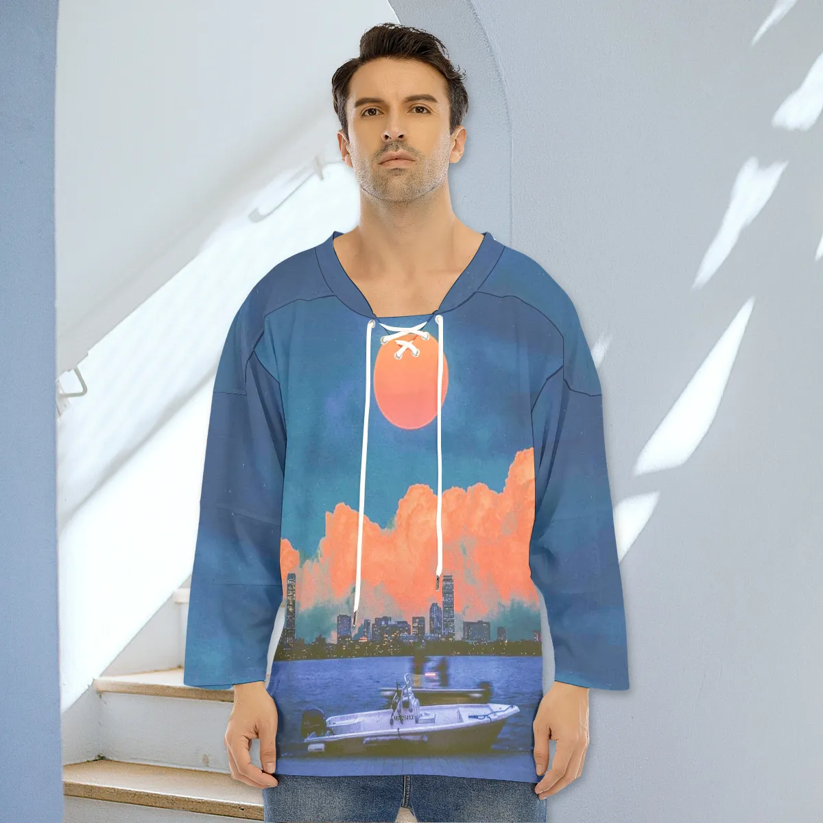 Men's Hockey Jersey All-Over Print, Long Sleeve Crew Neck Sports Shirt with Drawstring, Custom Team Uniform 100% Polyester