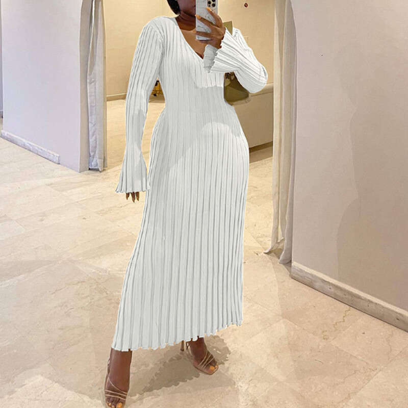2025 Cross-Border Autumn Winter New Casual Waist-Cinching V-Neck Large Ribbed Slimming Knitted Long Dress for Women