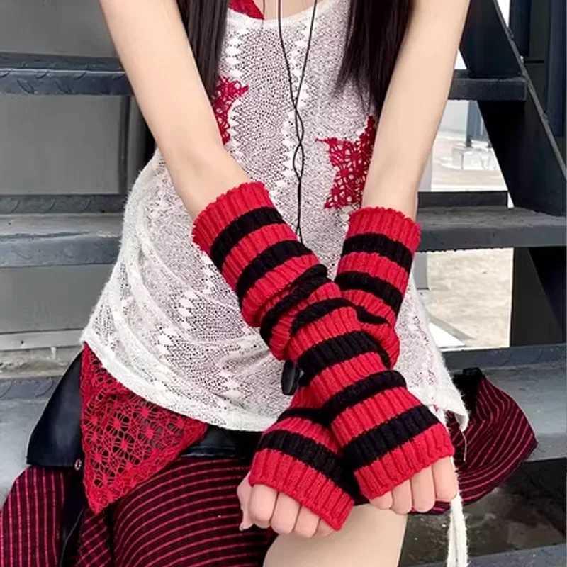 Striped Winter Arm Warmer Knit Red Long Fingerless Gloves Knitted Christmas Wrist Warmers with Thumb Hole for WomenL251105