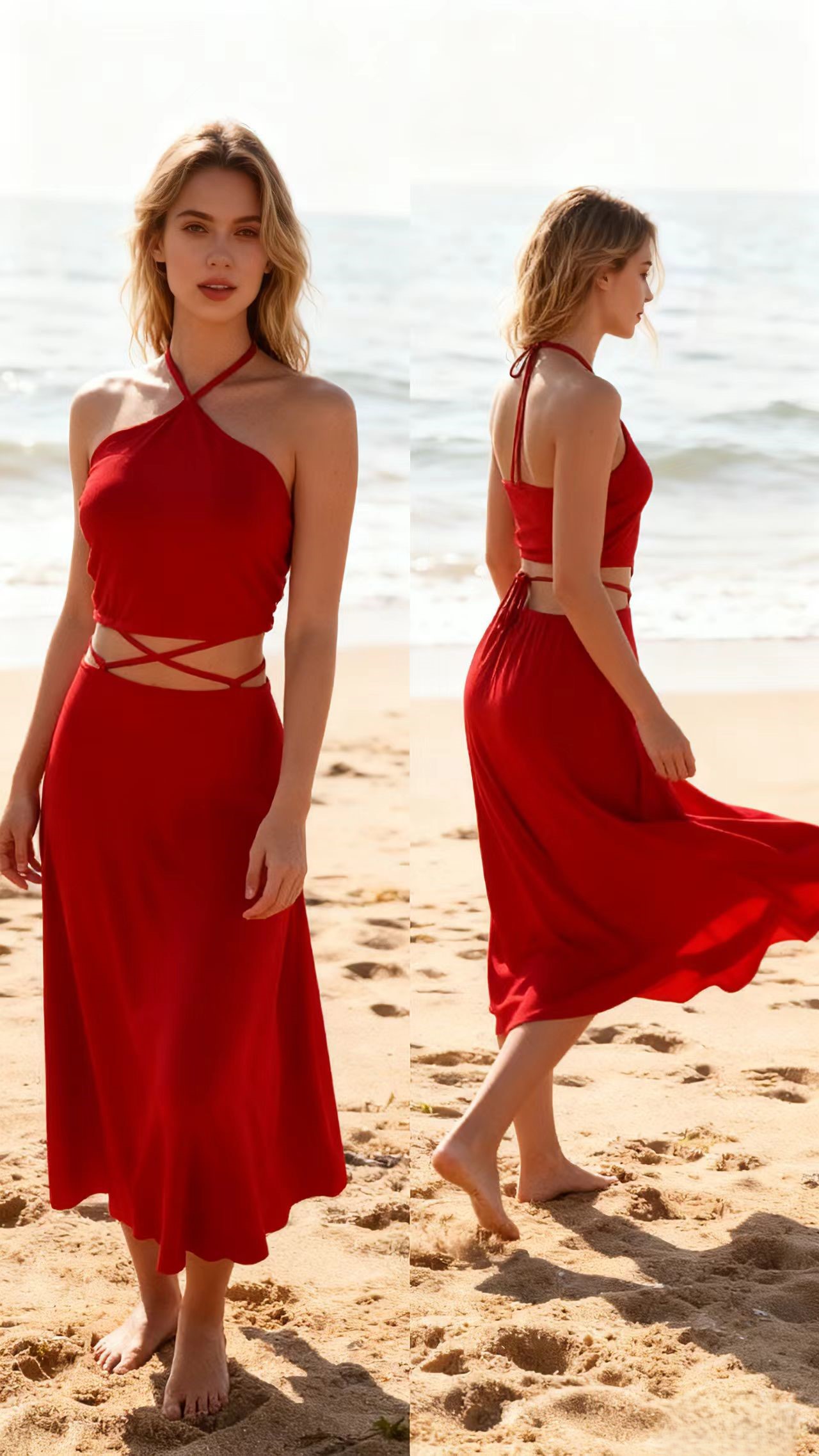 Red Halter-Neck Cross-Back Strappy Maxi Dress - Beachy Vacation Style Sexy Fitted Sleeveless Dress