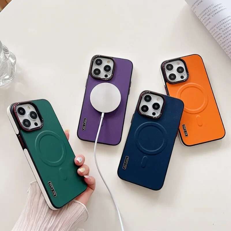 Business Double Color Leather Magsafe Case 12 13 16 15 Pro Max Magnetic Matte Soft Shockproof Cover for iPhone 15Pro