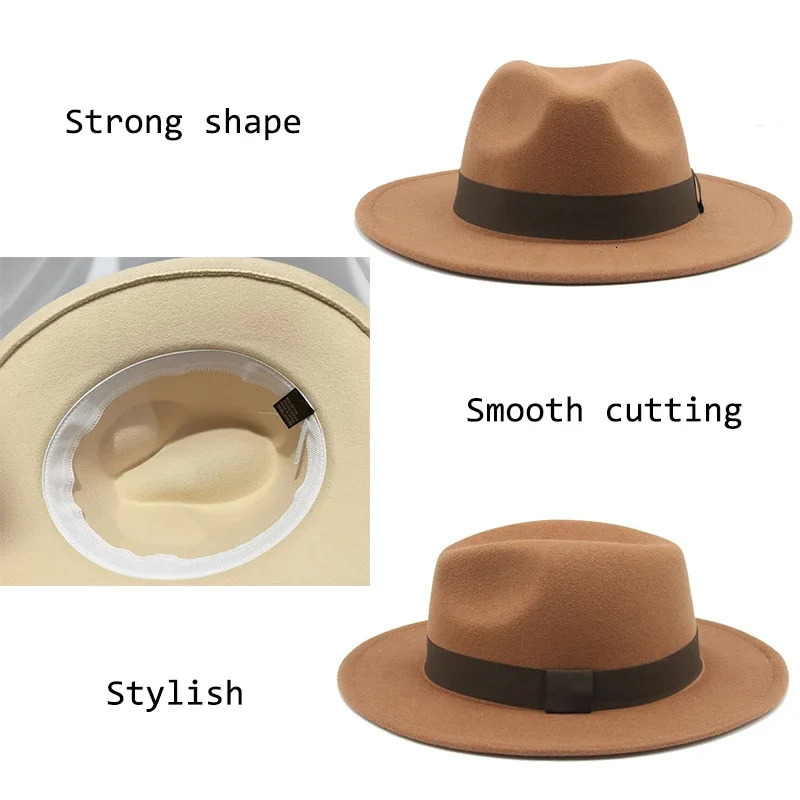 Fedora Hat Women Winter Hats for Women Ribbon Band Mens Hat Wide Brim Classic Beige Wedding Church Bowler Cap chapeau femme 251104