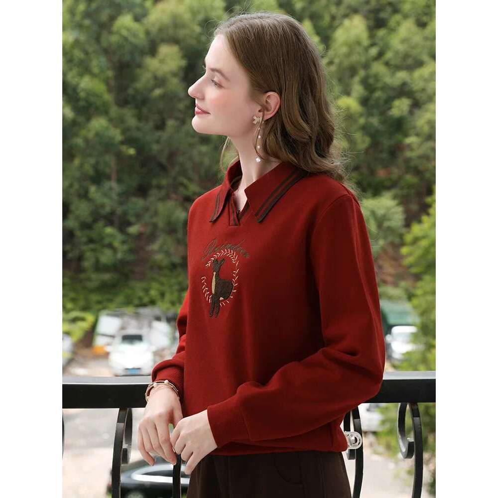 Red Embroidery Pullover Thickened Warm Polo Collar Sweater Women Soft Touch Sweets Versatile Tops