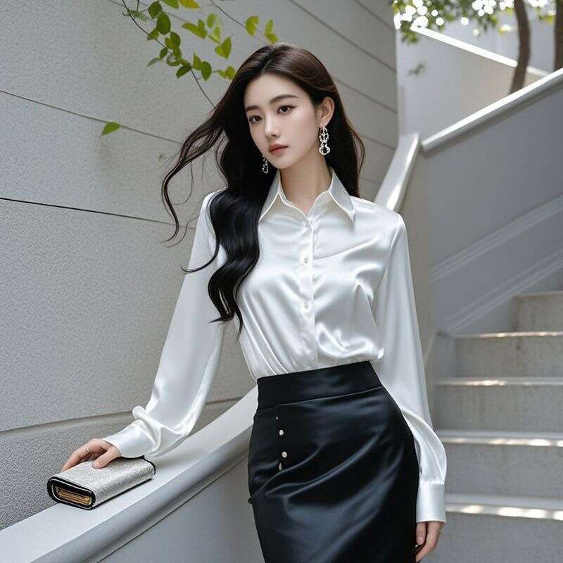 Spring And Autumn New Style Gray Acetate Satin Shirt For Women Long Sleeve Unique French Silk Professional Blouse B5