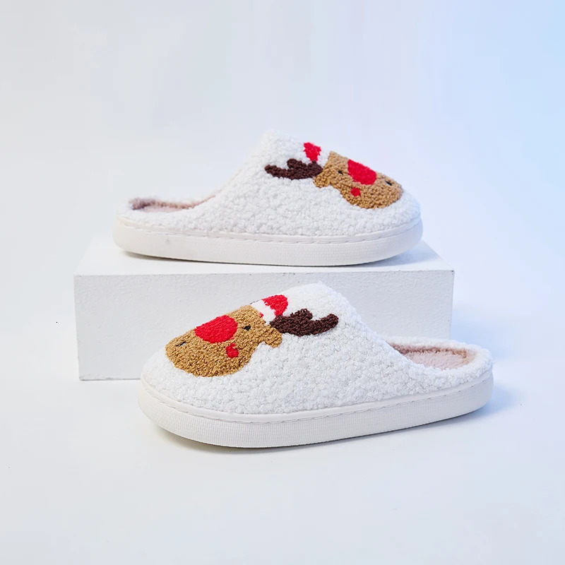 2025 Womens Christmas Reindeer Plush Slippers Winter Warm Comfortable Nonslip Shoes Plush Cute Cartoon Elk Household Shoes 251031