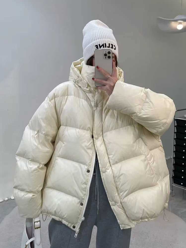 90 Duck Down Jacket Women Fall Winter 2023 New Long Sleeve Thicken Warm Loose Puff Jackets Chic with Hood Feather CoatsT251105
