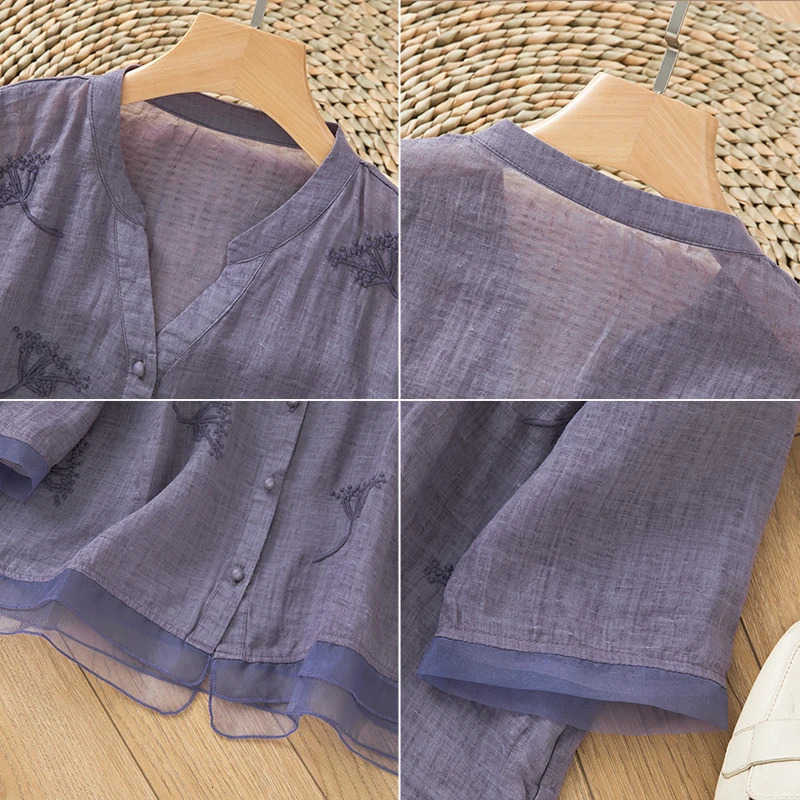 Chinese Style Womens Shirt Cotton Linen Vintage Blouses Loose Embroidery Clothing Short Sleeves Summer Women Tops 250402