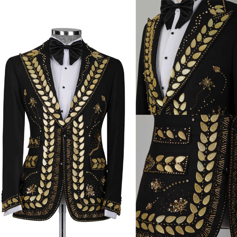 Luxury Men Suit 2 Pieces Jacket Pants Jewelry Decor Beading Crystal Wedding Tuxedos Prom Party Customized trajes para hombre