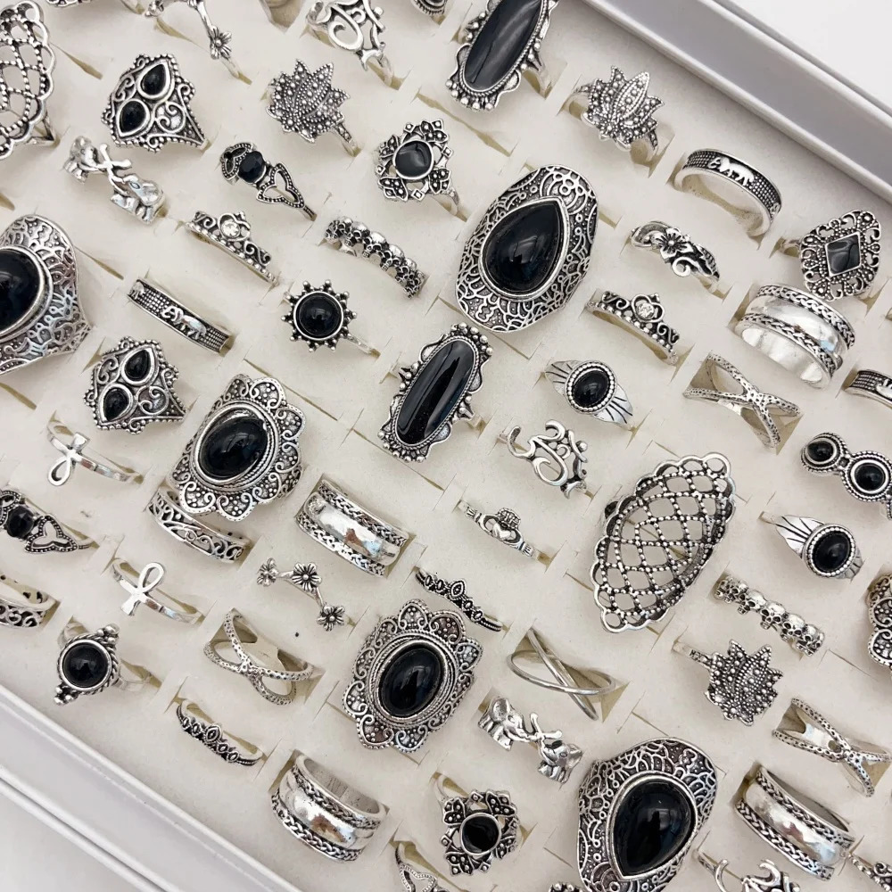 102030Pieces Vintage Bohemia Black Stone Rings Set For Women Men Mix Style Heart Love Flower n Finger Jewelry Party Gifts 251031