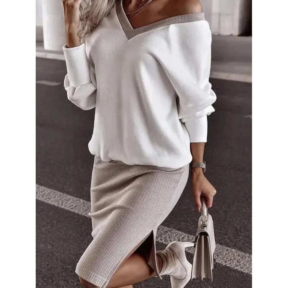 Cross-Border Fashion Women's Clothing Casual Loose V-Neck Sweatshirt Tight-Fitting Half Skirt Long-Sleeve Top Two-Piece Set
