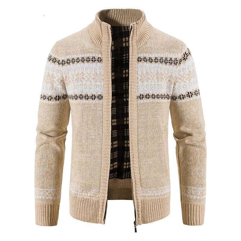 Winter Men's imitation Fleece Cardigan Knit Sweater Coat Casual Knitted Jacket High Quality Male Clothing Beige