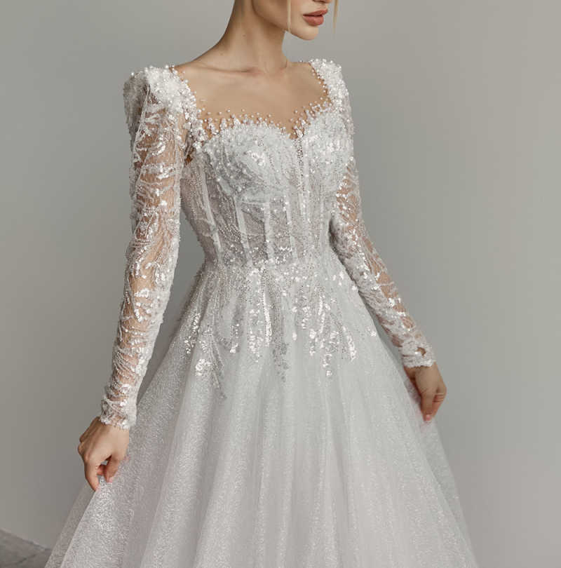 Princess A Line Wedding Dresses Sequins Long Sleeve Sweep Train Bridal Gown Beadeds Vestidos De Novia Custom Made