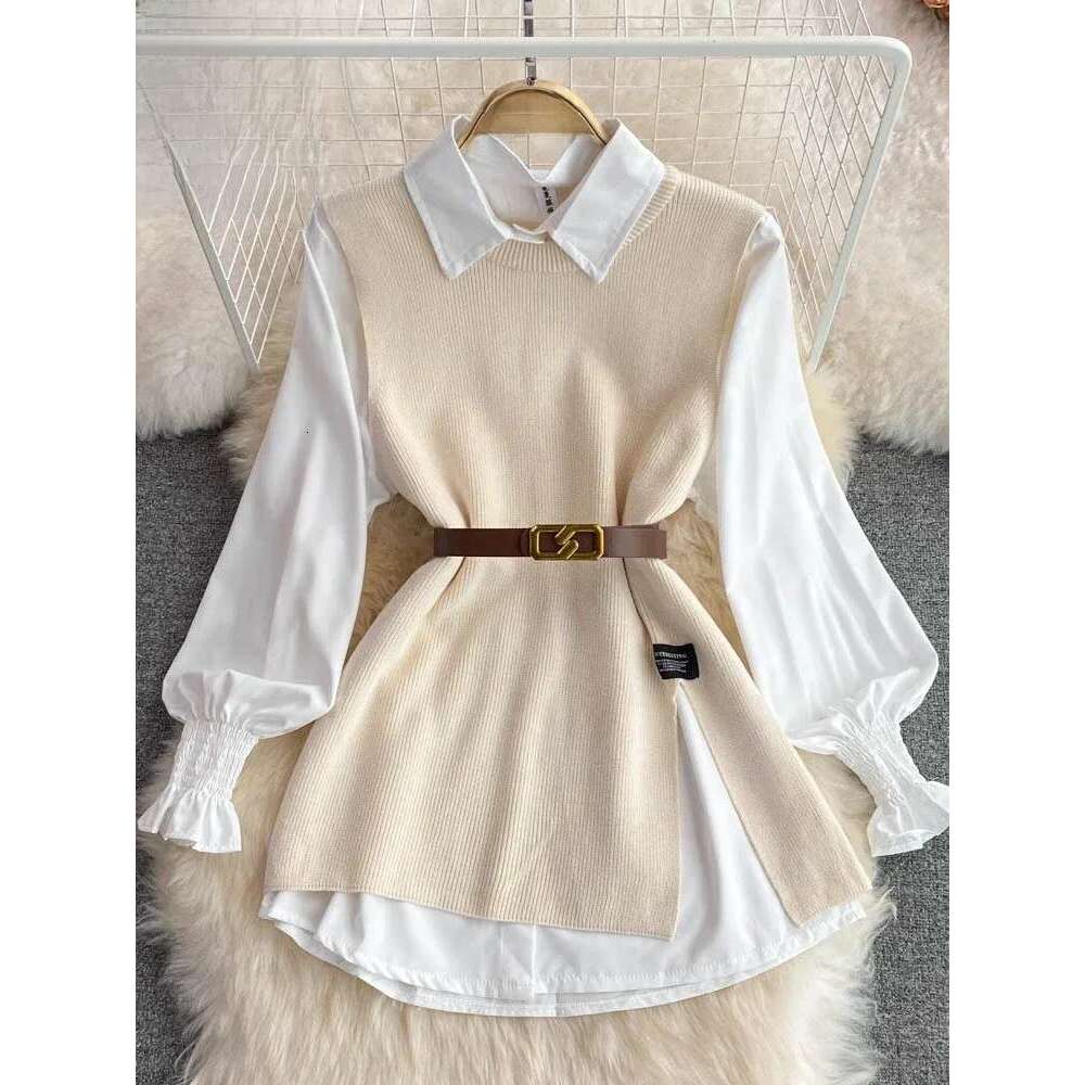 Women's Chic Age-Reducing 2-Piece Set Long Sleeve White Shirt Sweater Loose Fit Knit Vest Pullover Spring Autumn Fashion Designer Sweater Bear Sw