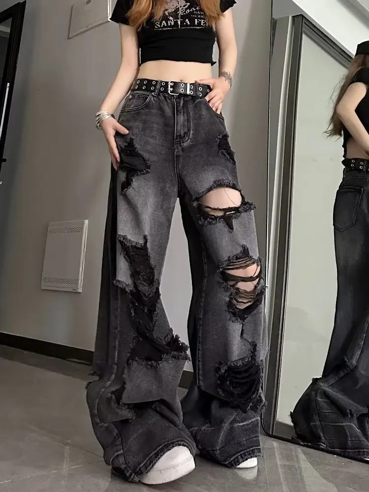 Niche design jeans high street heavy industry wide leg pants highend floor fashion brand womens 250403