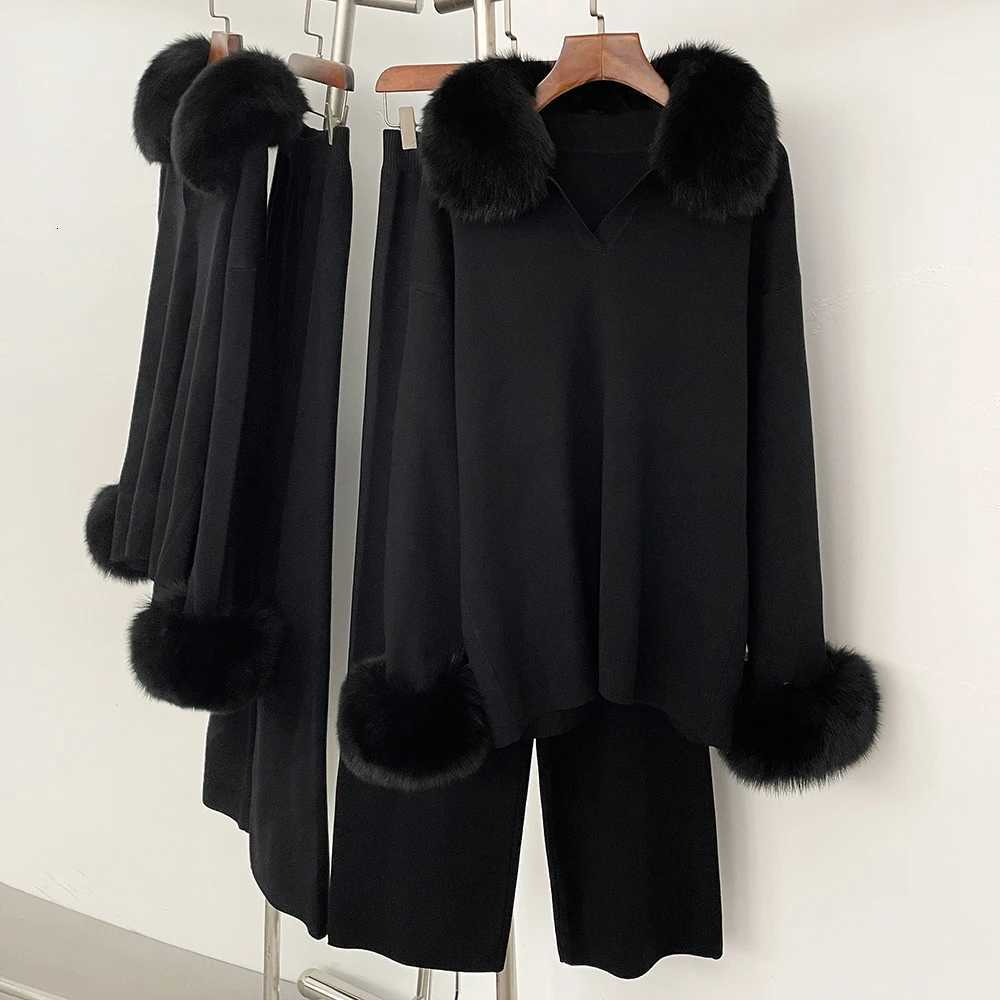 Rety Fur Jacket Sweater Real Fur Collar Autumn Winter Women Sweater Suit Female Raccoon Fur Pullovers Trousers Set Lady W251105