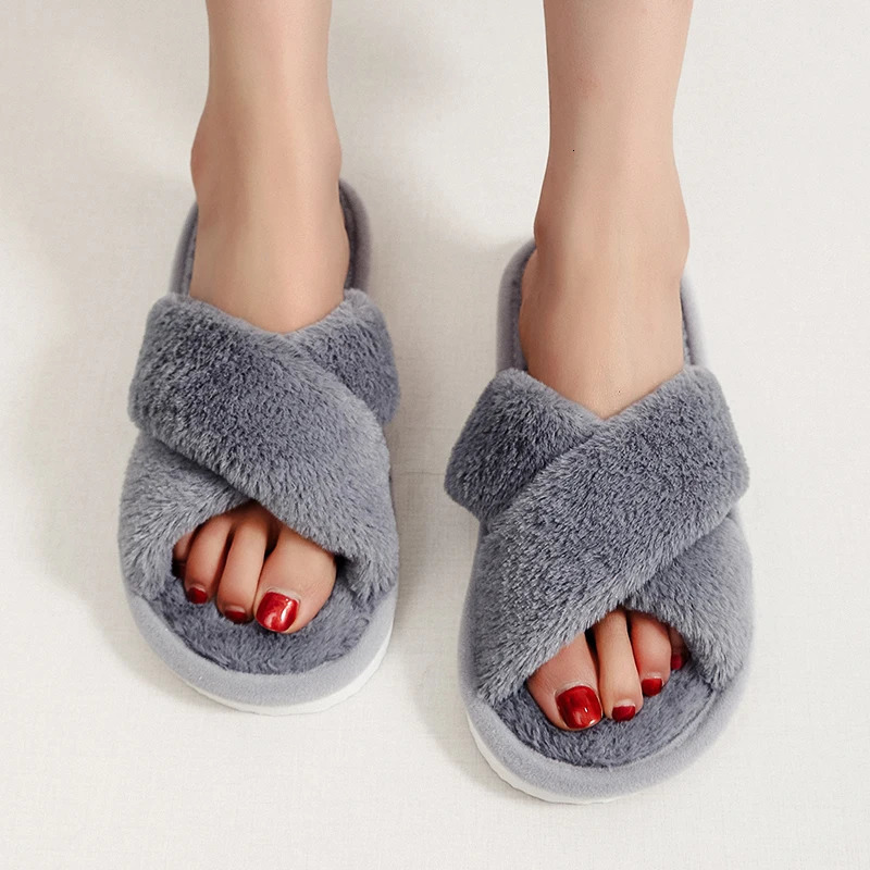 Autumn Winter Fluffy Fur Slippers Women Lightweight Cross Band Plush Slides Woman 2025 Open Toe Flats Fuzzy Home Slippers Female 251031