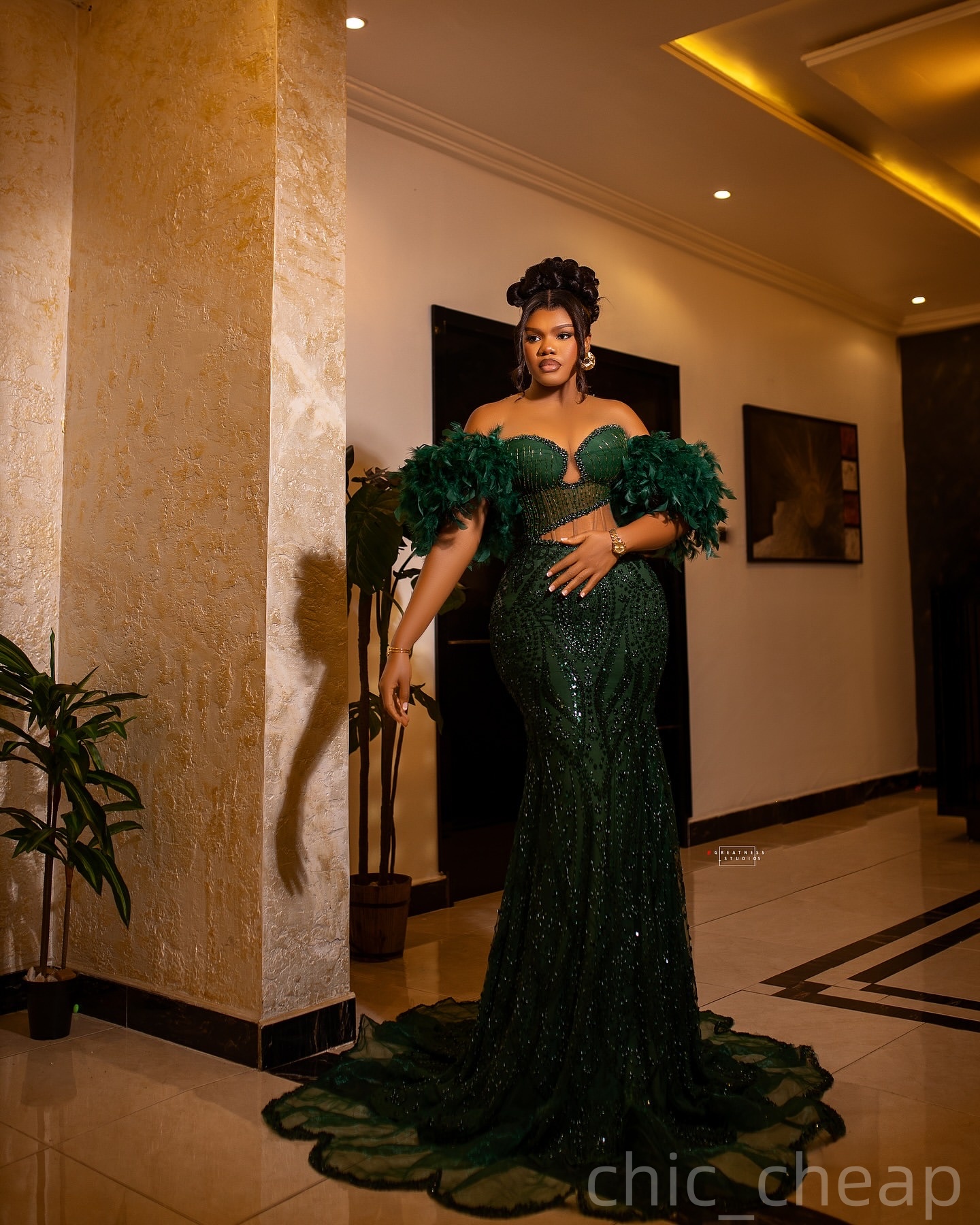 Dark Green Mermaid Prom Dresses 2026 Feather Beaded Sheer Neck Sparkly Evening Formal Party Second Birthday Engagement Gowns Plus Size Dress For Speci