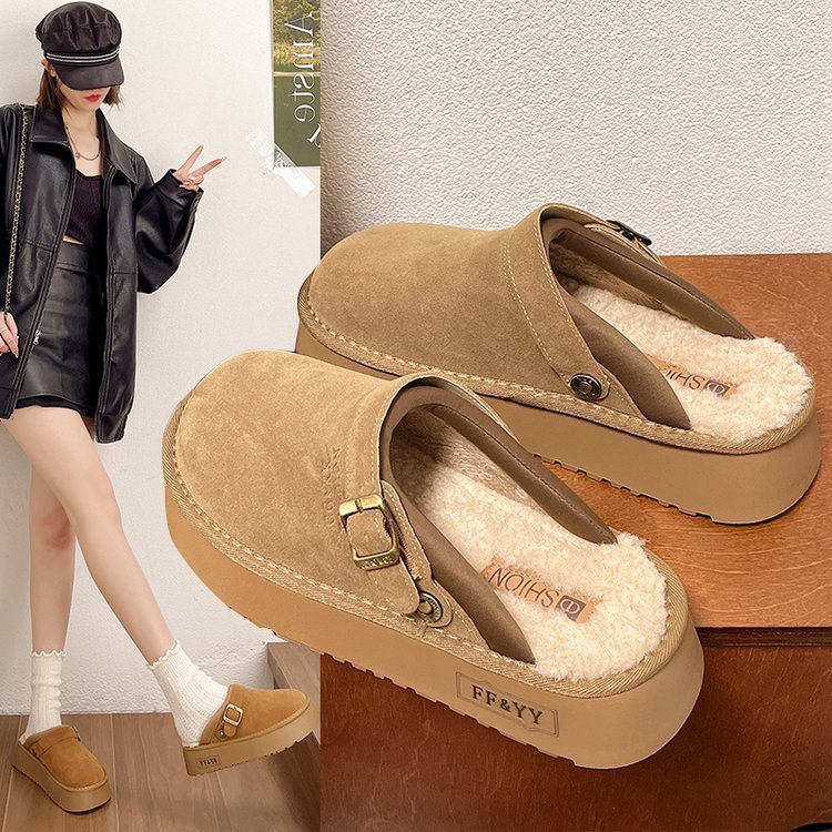 Thick-Soled Birkenstock Shoes Furry Slippers for Women Outdoor Wear 2025 New Autumn Winter Slip-On Snow Boots with Fleece Lined Closed-Toe Cotton Slippers