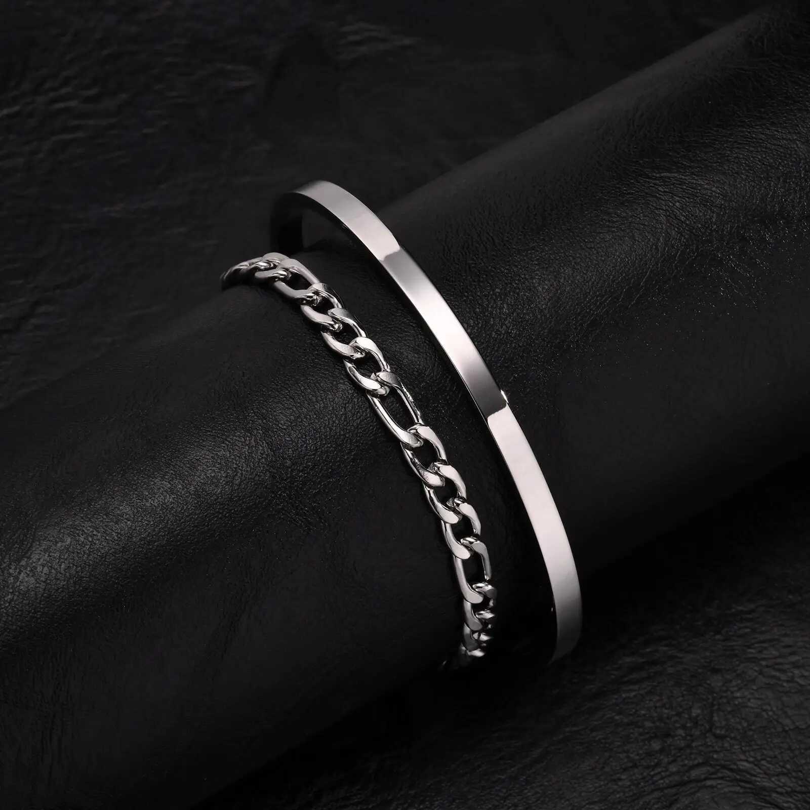 2pcs/set Figaro Chain Bracelet for MenSilver Color Stainless Steel Cuff BanglesStylish Layered Bracelet Gift for Him BoyXJ251105