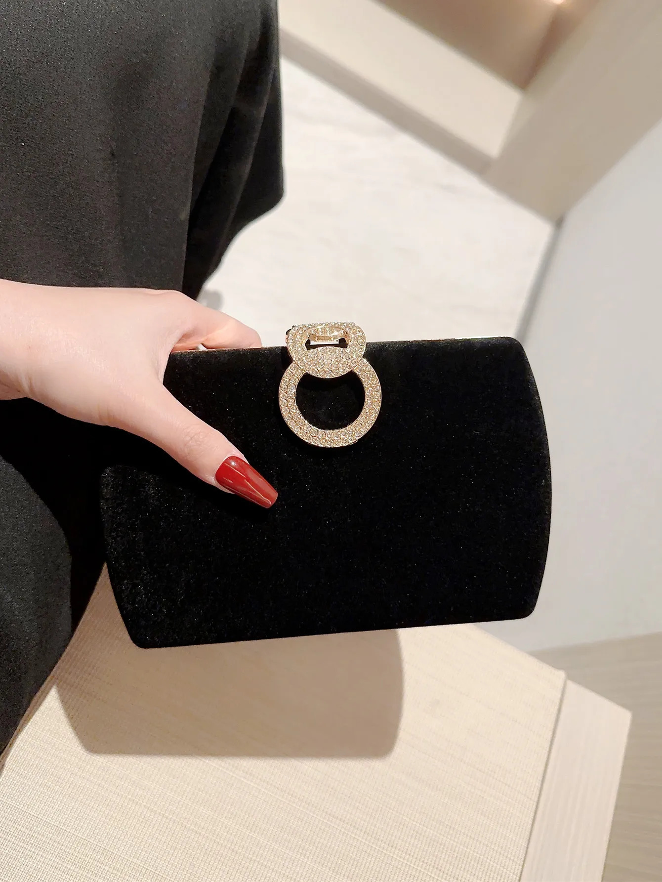 Ladies autumn velvet box dinner bag sparkling rhinestone decoration banquet bag clutch evening dress bag promotion bag party bag 250402