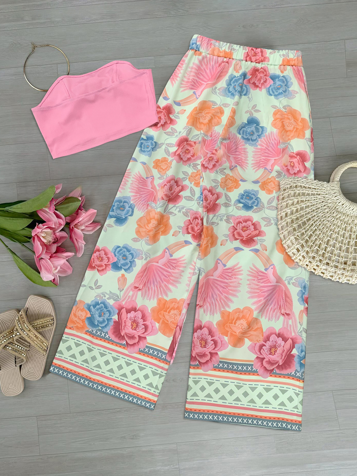 Elegant Powder Hue Ensemble for Her Stylish Street Fashion Two Piece Featuring a Simple Bustier and Flowing Floral Bottoms from Korea Style Apparel Co