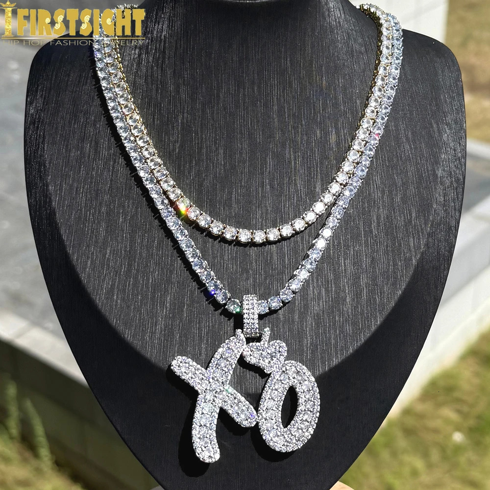 Iced Out Bling Letter XO Pendant Necklace Gold Silver Color Tennis Chain Zircon Hearts Charm Men Hip Hop Jewelry 251104