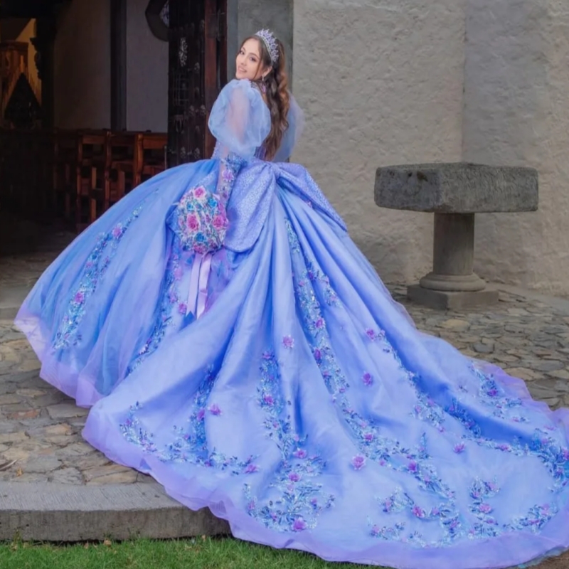 Blue Shiny Quinceanera Dresses Off The Shoulder Applique Lace Beading Crystal Tull Puff Sleeve Party Birthday Sweet 16 Dress Vestidos 15 Anos