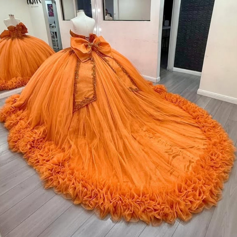 Orange Shiny Quinceanera Dresses Off The Shoulder Beading Crystal Tiered Tull Bow Party Birthday Sweet 16 Dress Vestidos 15 De Anos