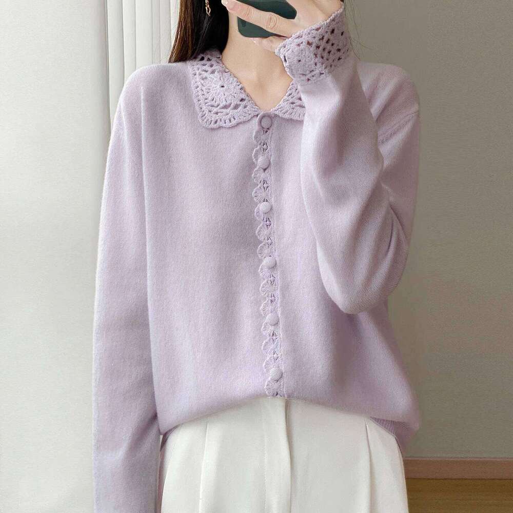 Women's Autumn Winter 100% Pure Wool Cardigan Polo Neck Embroidery Openwork Crocheted Loose Cashmere Sweater Coat Women Sweater Designer Sweater 