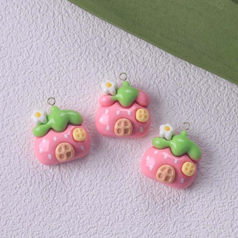 10 Kawaii Rabbit Strawberry House Resin Charm Cute Cartoon Animal Earrings Keychain DIY Jewelry Pendant 250325