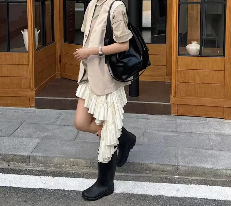 New Original Hanging Ear Strap Style Bucket Tote Glossy Oil Wax Cow Leather Women Handbag Large Cement Grey Female Shoulder Bag