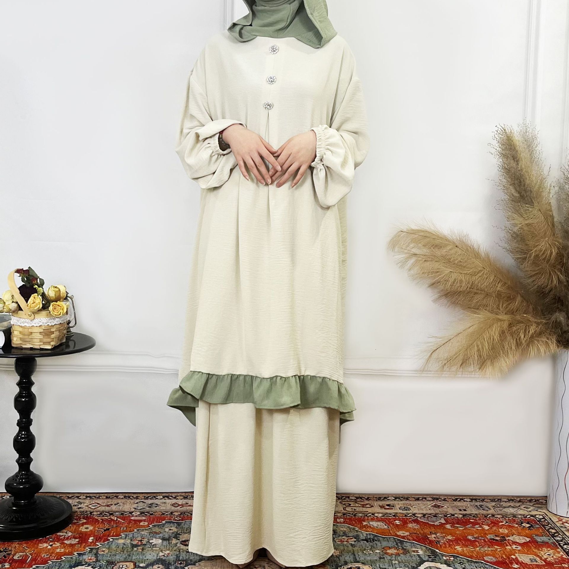 Fashion Muslims Women's Prayer Solid Color Ruffle Robe Two Piece Set Abaya Maxi Dresses Islamic Clothing