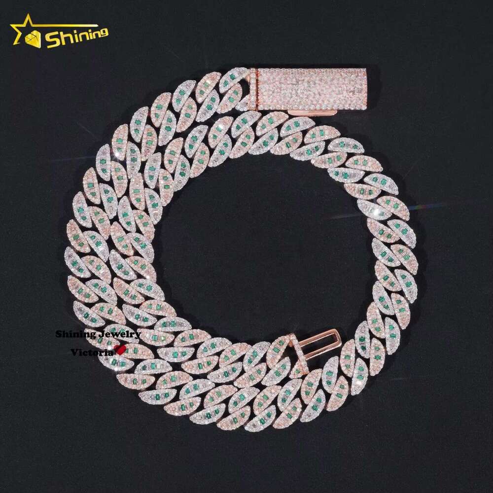 16mm Width Iced Out Sier Baguette Cut Color Mix White Moissanite Dia Miami Cuban k Chain