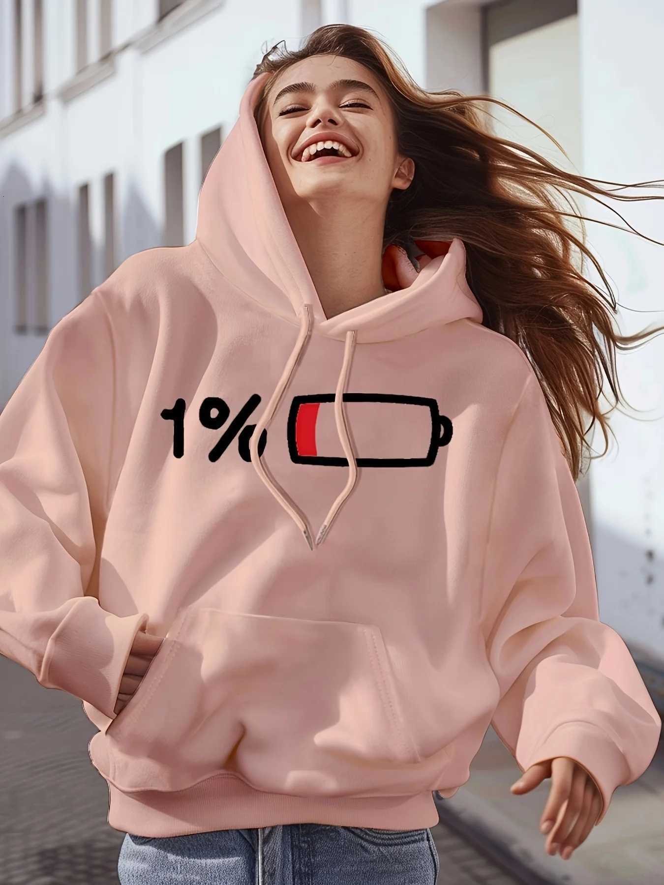2025 Fall/Winter Womens Printed Hoodie Casual Winter Sweatshirt 1 Battery Indicator Pullover Fashion Y2K Top Personality RetroT251105
