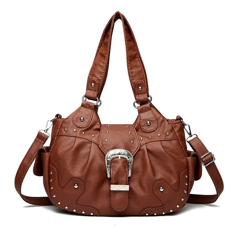 2025 Vintage Punk Shoulder Bags For Women Fashionable River Crossbody Bags Large Capacity Leather Tote Bags For Travel Daily 251031