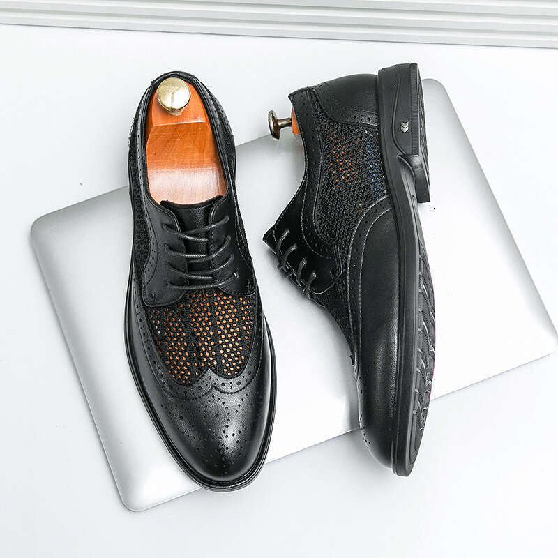 Summer mesh breathable casual plus size fashionable men's new leather shoes, hollow block business shoes