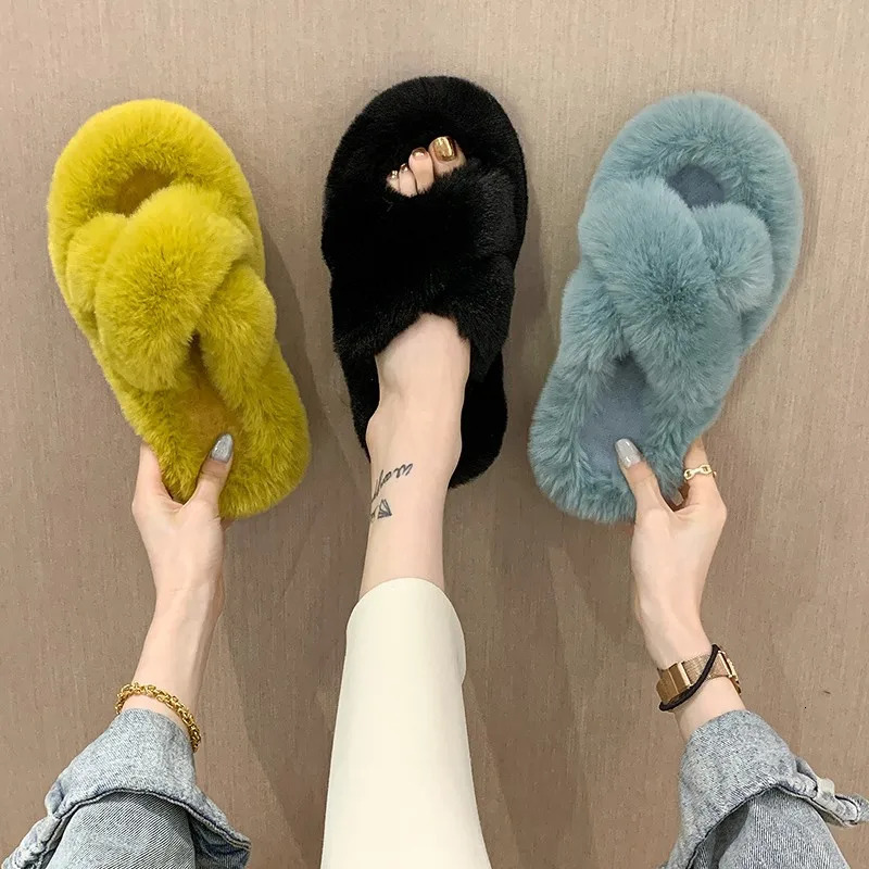 Fashion One Word Thick Fur Slippers Double Fur Slippers Casual Home Cotton Shoes for Women Flat Plush Cross Straps Slippers2025 251031