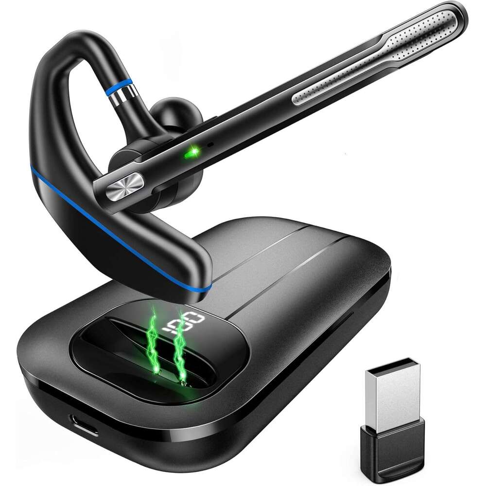 Bluetooth Headset V5.3, Wireless Earpiece 1000mAh Charging Case, 96H Talktime, Hands Free Noise Canceling Headphones with Dual-Mic for Computer Cell