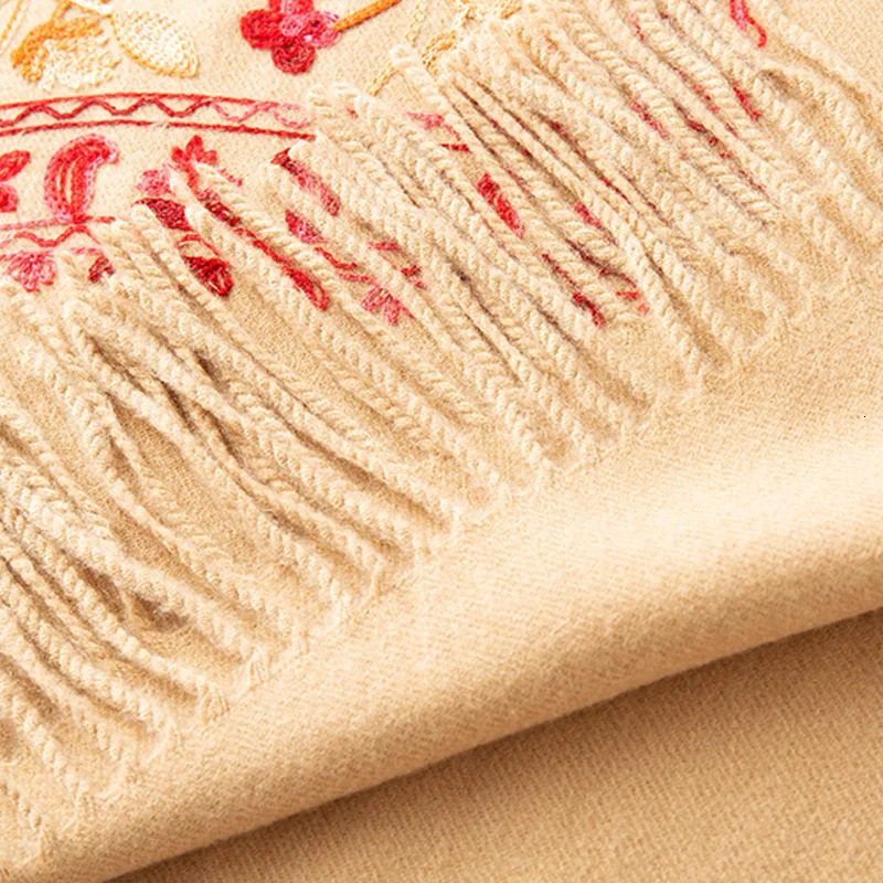 Women Floral Embroidery Cashmere Scarf Winter Warm Shawl Soft Thick Pashmina Foulard Female Tassel Blanket Scarves Wraps 250403