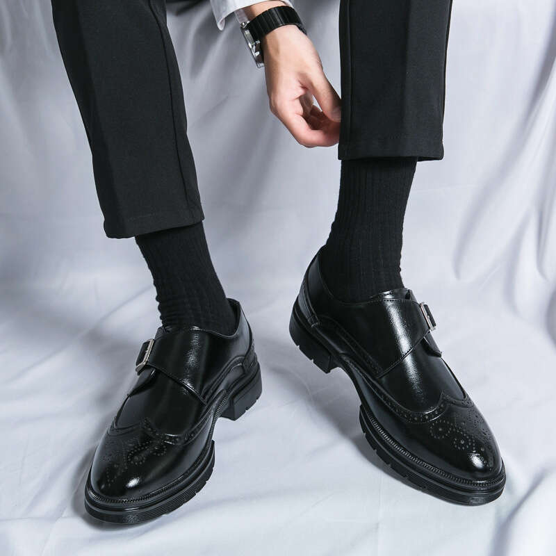 Large Block Leather for Men's 38-46 Business Dress Buckle Thick Sole Heightened Dad's Driving Shoes