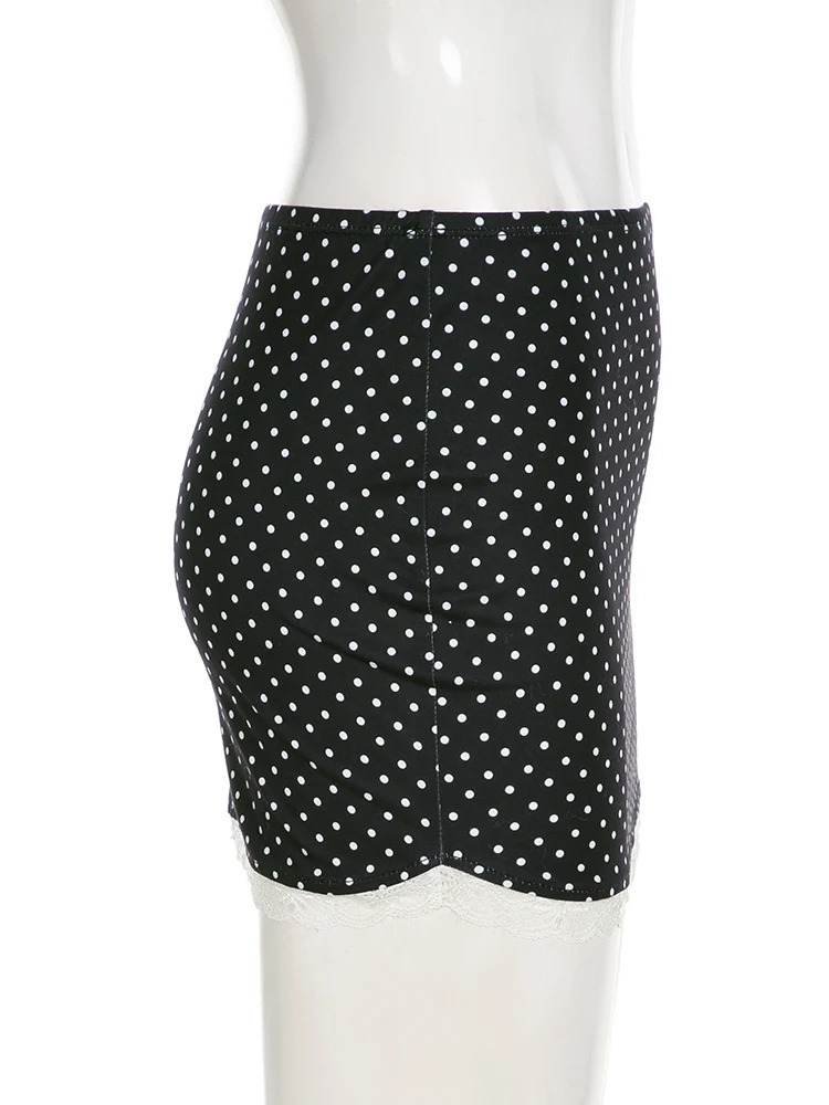 IAMSURE Slim Dot Printed Lace Trim Bodycon Skirts Casual Mid-Waisted Super Mini Skirts Women 2025 Summer Fashion Streetwear Lady 250402
