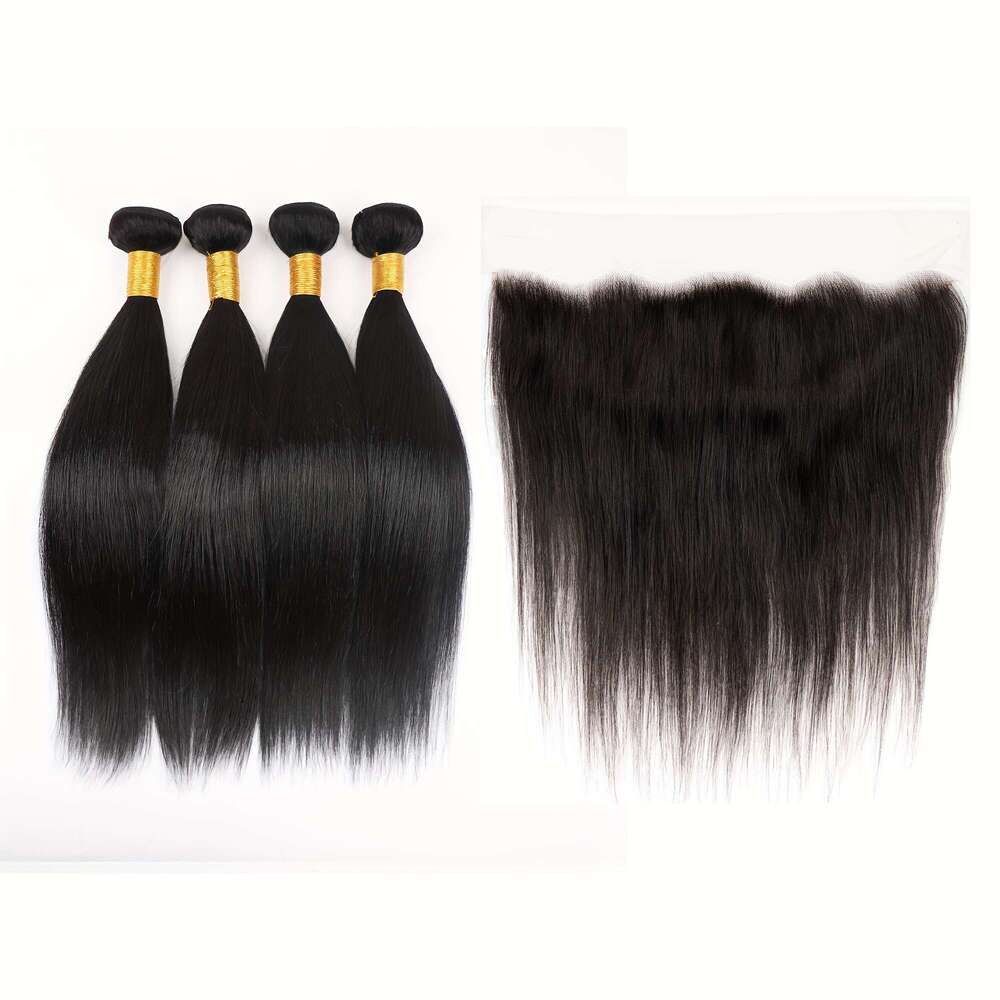 4 Bundles Brazilian Straight Human Weave With 13X4 Lance Closure - Natural Black Remy Men &, Full For African, Scalp Low-Ponytail Styles, Volume Densi