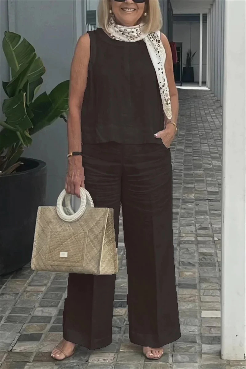 European and summer fashion simple sleeveless solid color cotton linen two-piece set 250401